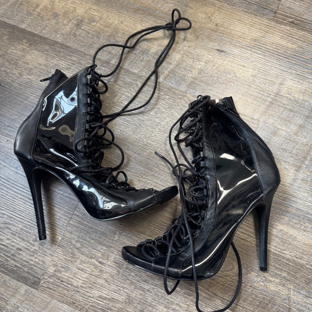 Steve Madden Womens 9 Black Patent Lace Up Open Toe Stiletto Heel Booties Y2K
